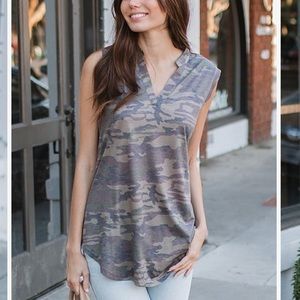Camo Sleeveless Notch Neck Tunic